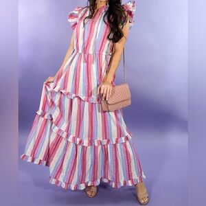 Victoria Dunn Maxi Dress Sleeve Striped Small